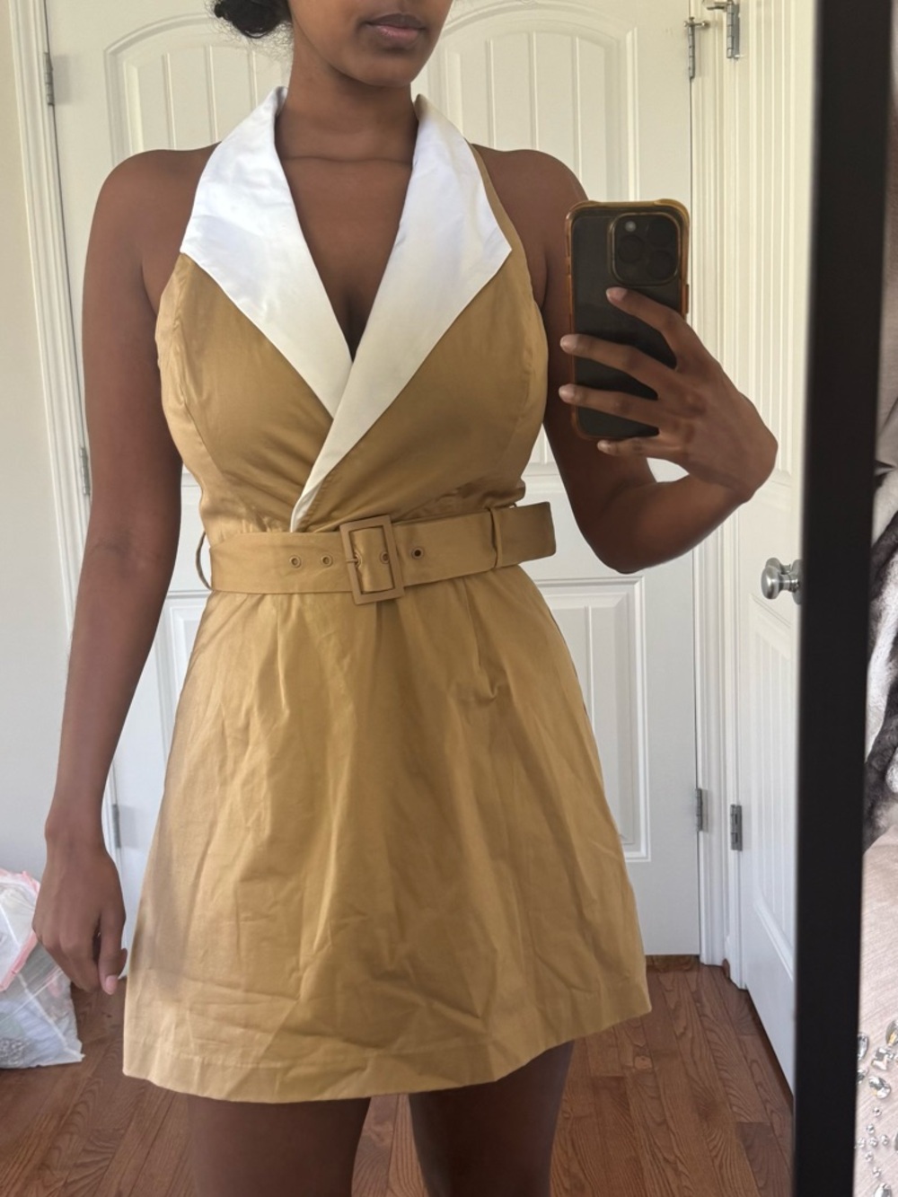 Anthropologie Tan Dress with White Lapel